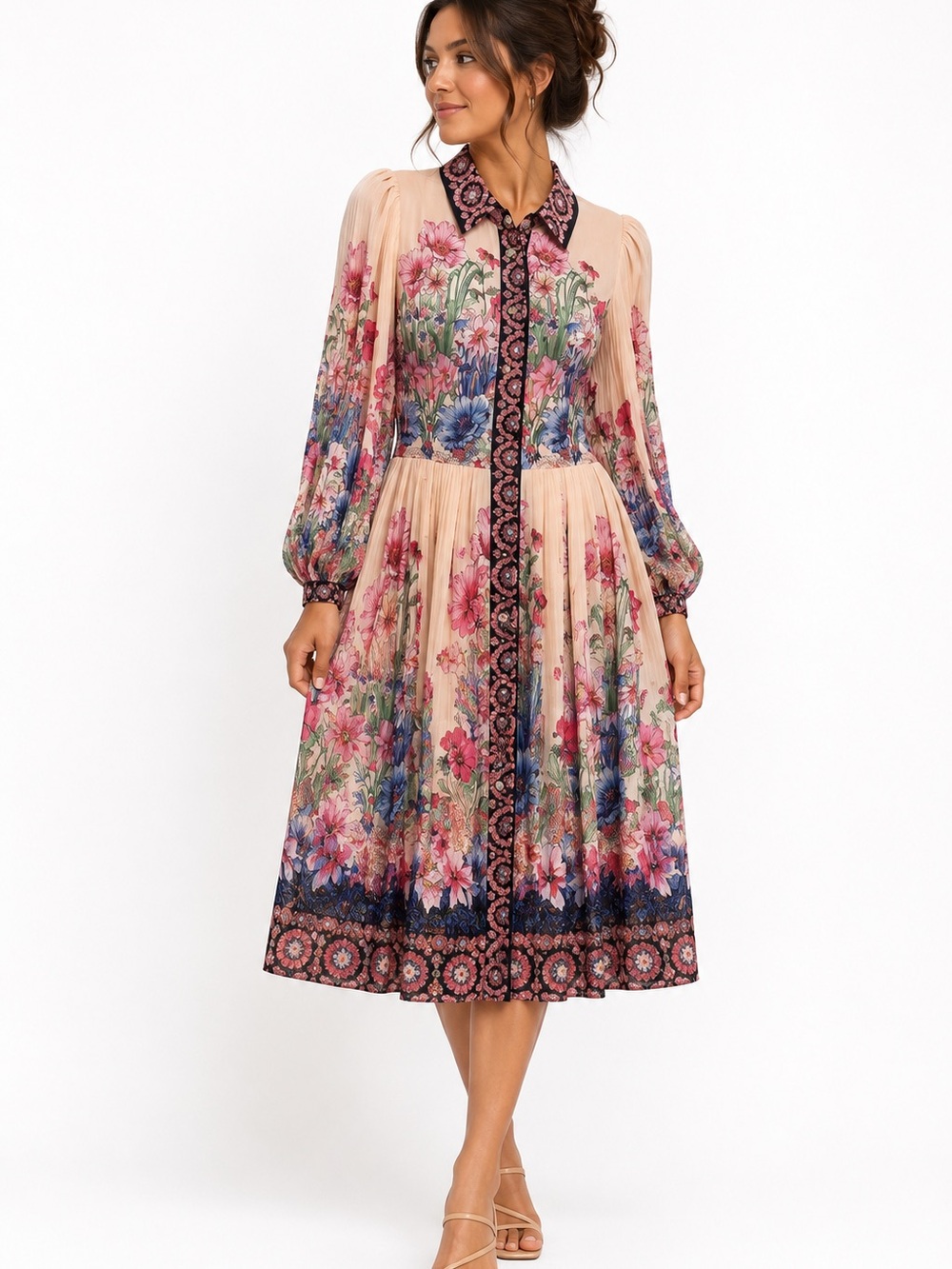 Boho Floral Pleated Midi Dress in Blush Pink